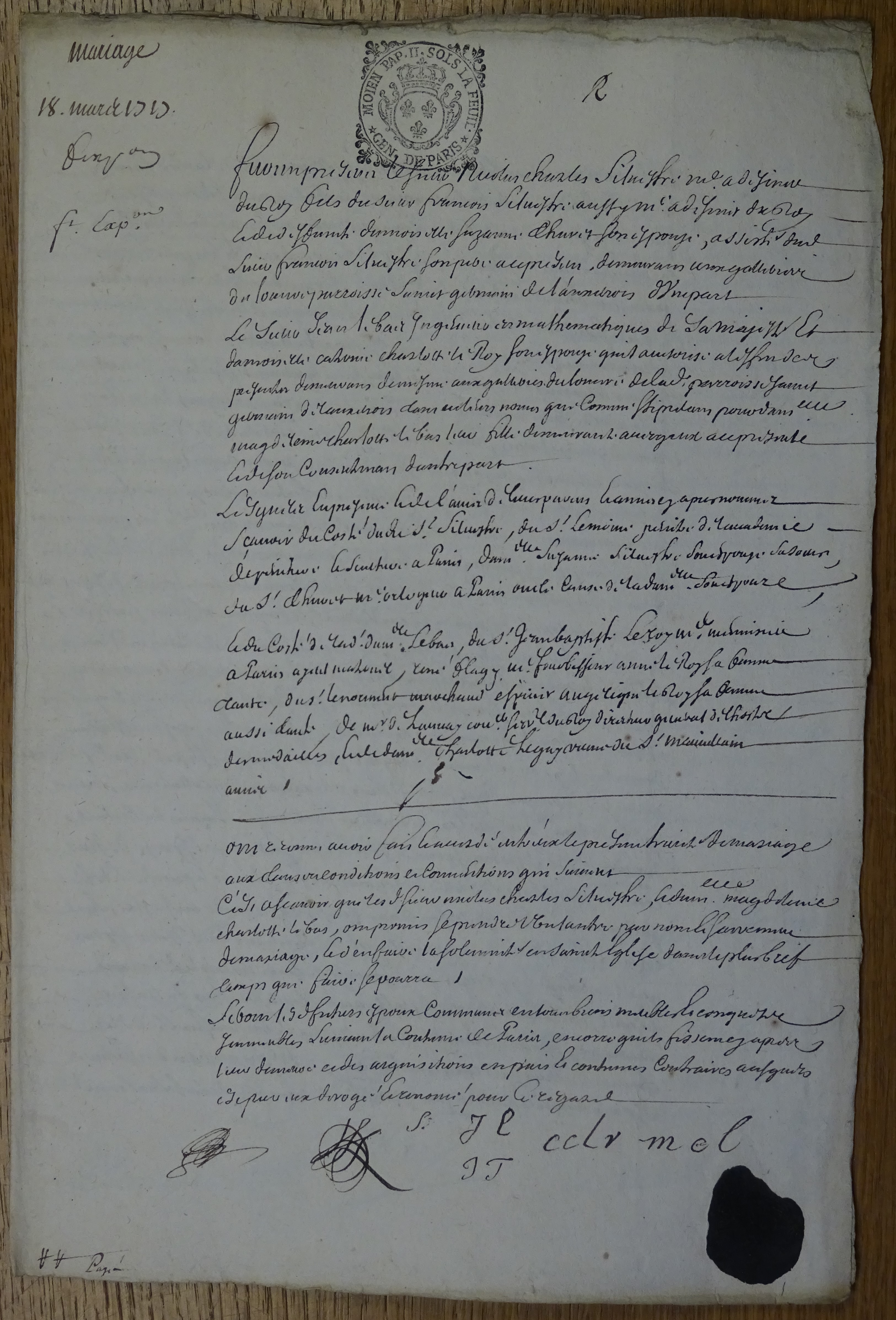  Contrat de Mariage entre Nicolas Charles de Silvestre et Madeleine Lebas - Page 1