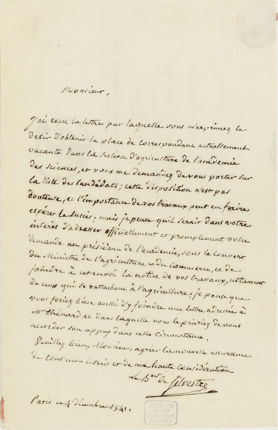  Lettre de Augustin-François de Silvestre à Jean Girardin - Document 1