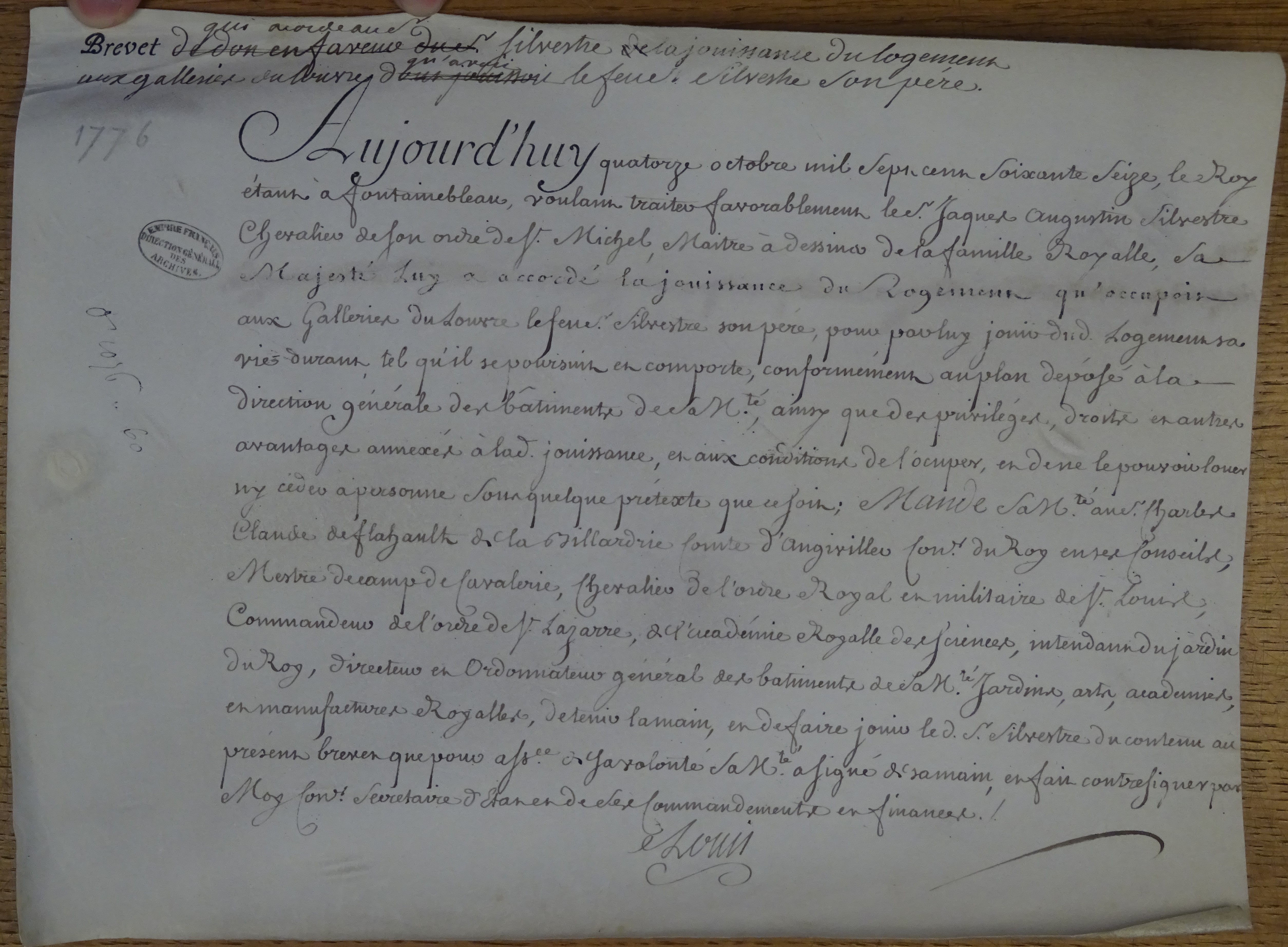  Brevet de Logement aux Galleries du Louvre pour Jacques-Augustin de Silvestre - Document 1