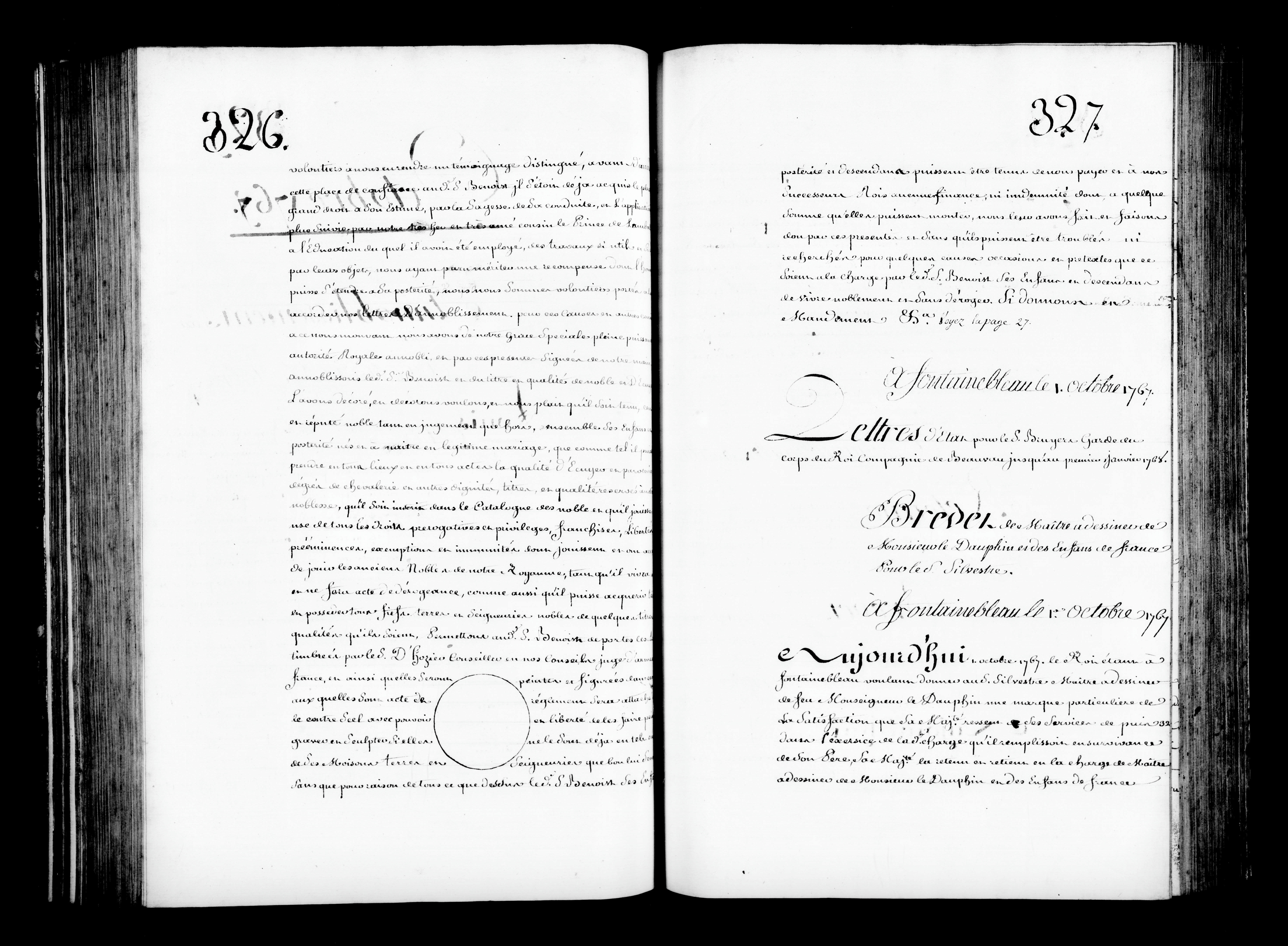  Brevet de maître à dessiner de monsieur le Dauphin et des Enfants de France pour le sieur Silvestre - Folio 327