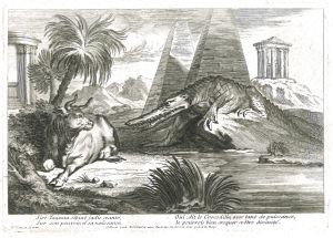Le taureau et le crocodile. par Charles-François Silvestre