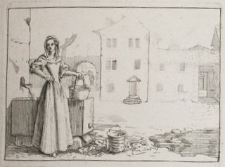 Femme au panier devant une fontaine